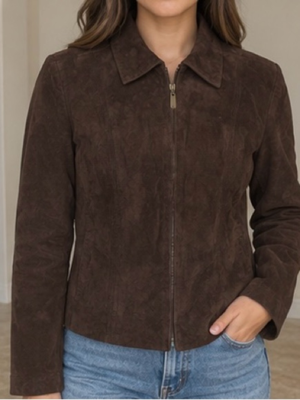 croft & barrow Dark Brown Suede Zip-Front Jacket